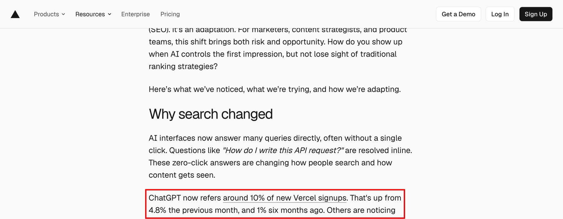 Vercel 공식 블로그 화면 — ChatGPT now refers around 10% of new Vercel signups. That's up from 4.8% the previous month, and 1% six months ago 문장에 빨간 네모