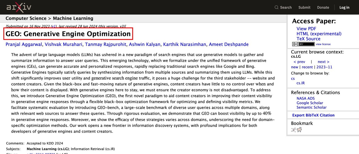 arXiv 논문 페이지 화면 — 제목 「GEO: Generative Engine Optimization」에 빨간 네모 · 2023년 11월 16일 제출 · KDD 2024 채택 표기