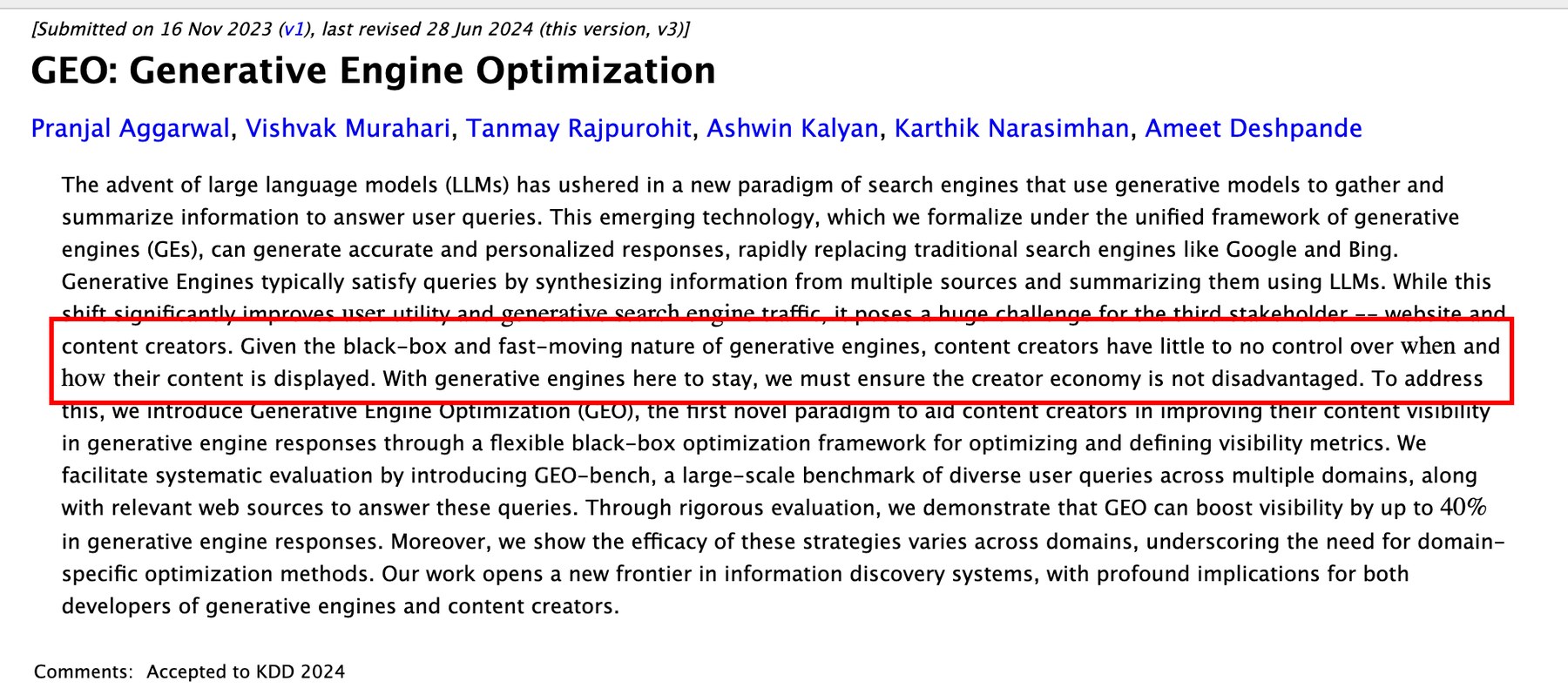 arXiv 논문 「GEO: Generative Engine Optimization」 초록 화면 — 생성형 엔진은 블랙박스이고 빠르게 바뀌어 콘텐츠 제작자가 자기 콘텐츠가 언제 어떻게 보일지 거의 제어하지 못한다는 문장에 빨간 네모