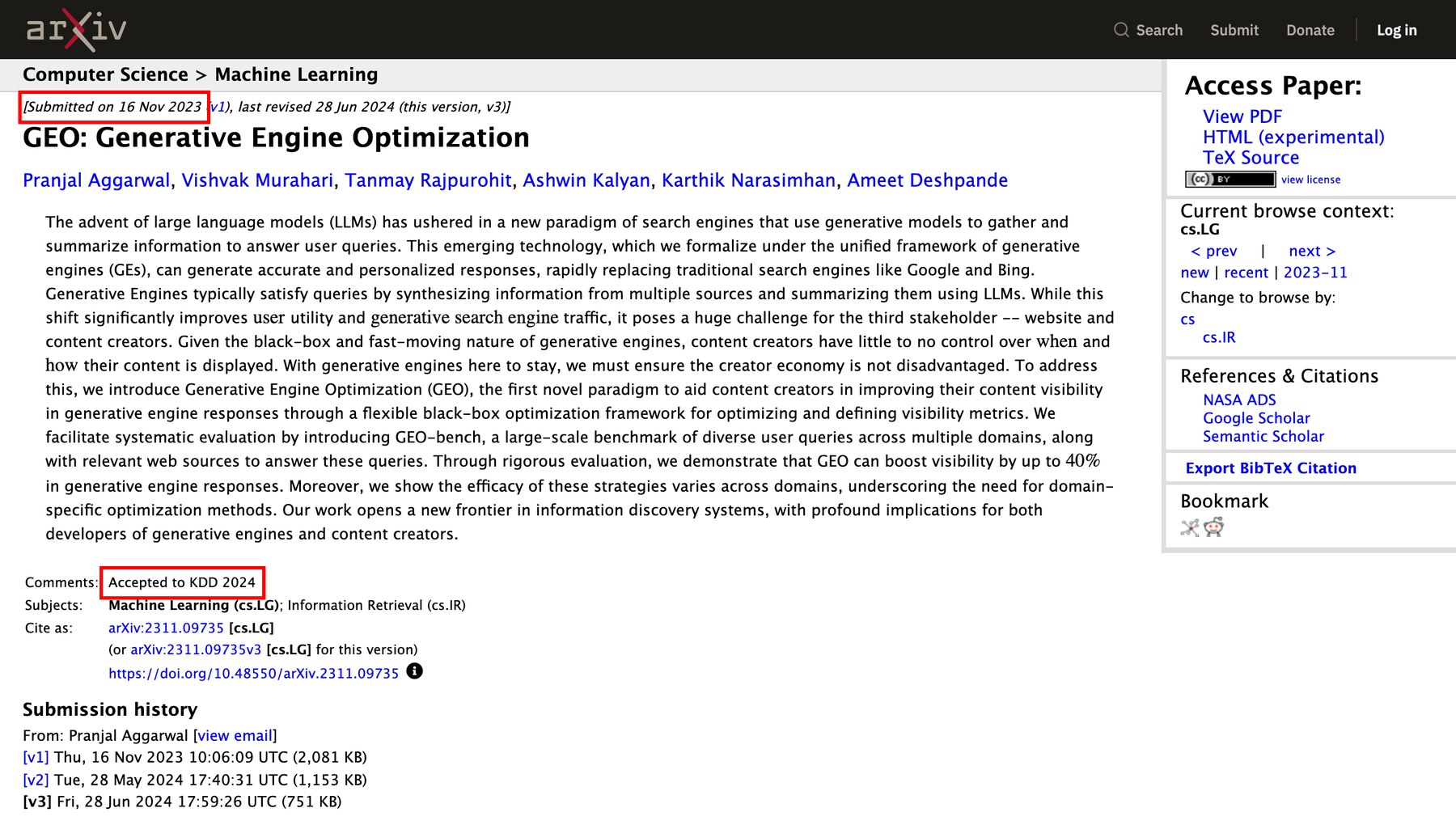 arXiv 논문 페이지 — 「GEO: Generative Engine Optimization」 2023년 11월 16일 제출(Submitted on 16 Nov 2023) · KDD 2024 채택(Accepted to KDD 2024) 표기