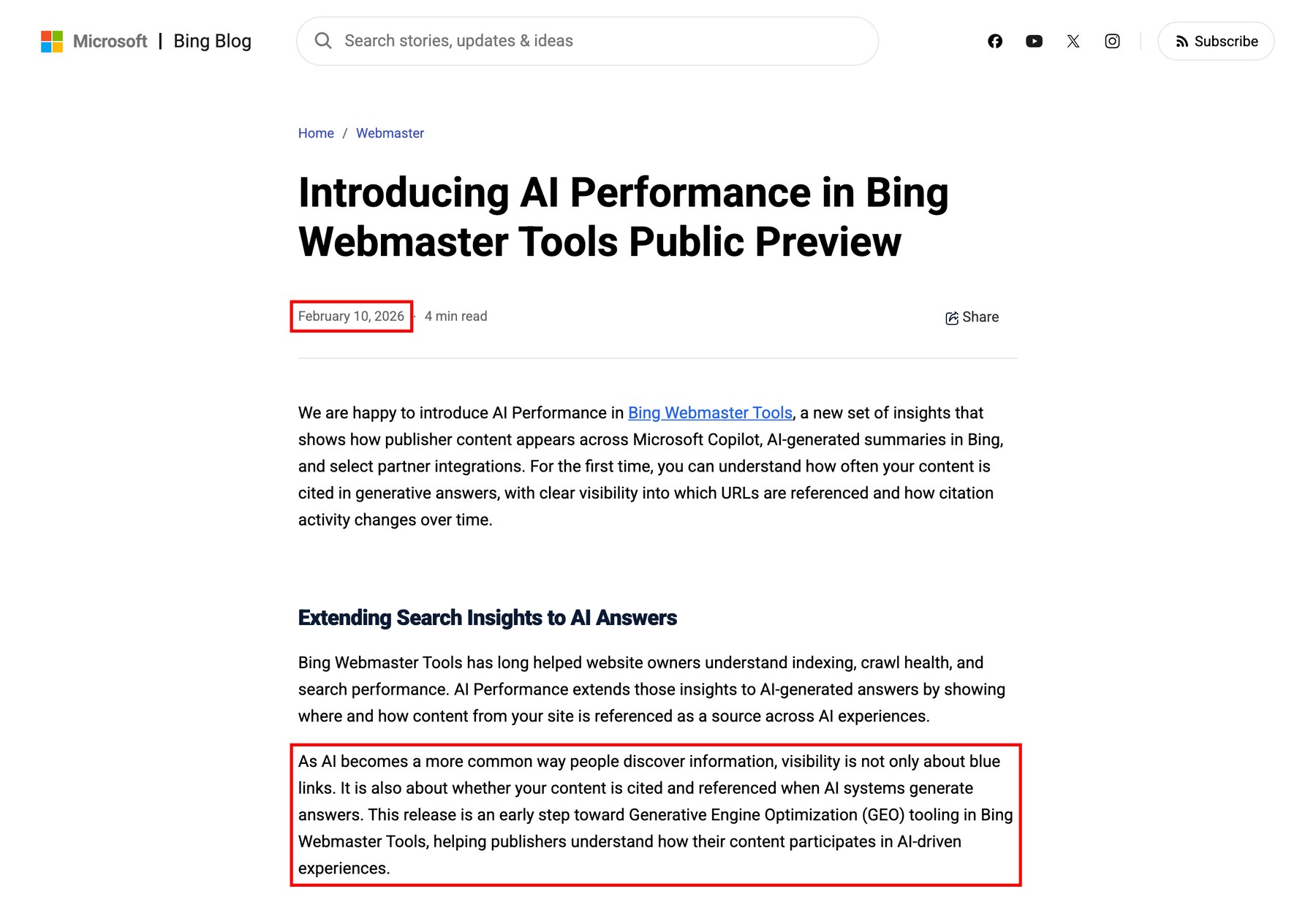 Microsoft Bing 블로그 — Introducing AI Performance in Bing Webmaster Tools Public Preview · February 10, 2026 · 노출은 파란 링크만이 아니라 AI 답의 인용까지라는 GEO 문단