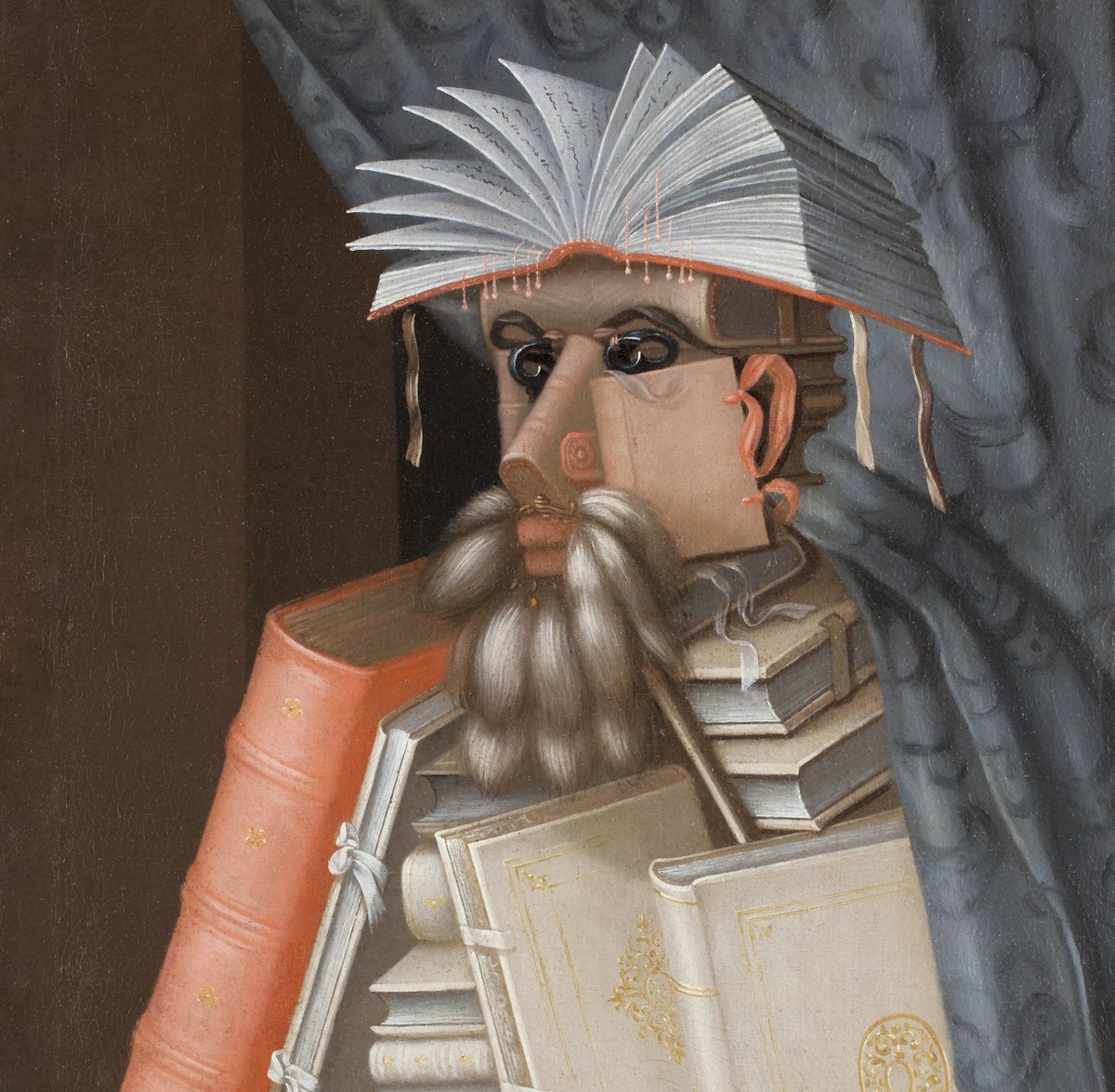 그림 「사서(The Librarian)」 부분 — 펼친 책을 모자처럼 얹고 여러 권의 책으로 얼굴과 몸을 그린 사람