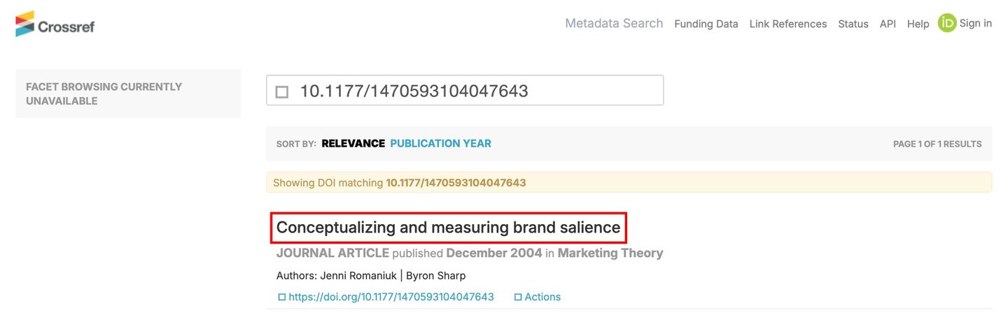 Crossref 논문 등록 정보 화면 — Conceptualizing and measuring brand salience 초록의 salience 에 빨간 네모