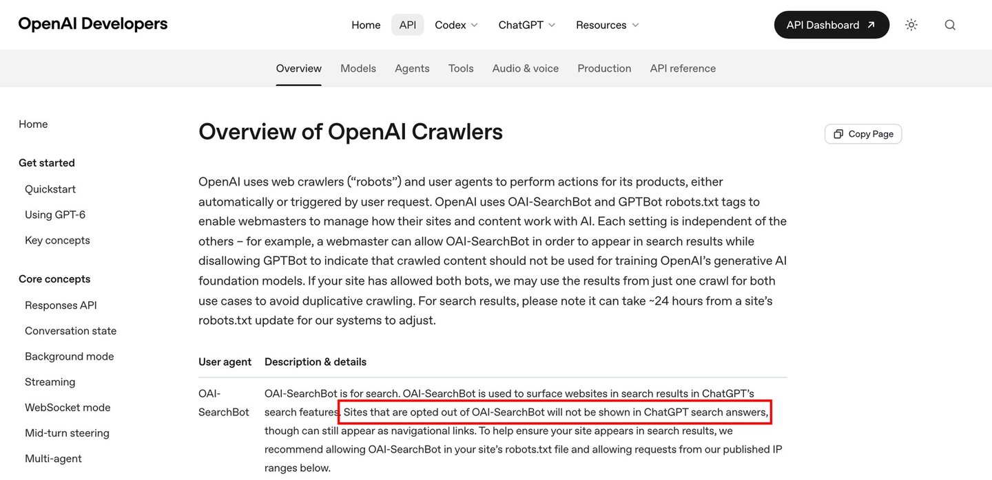 OpenAI 개발자 문서 「Overview of OpenAI Crawlers」 화면 — OAI-SearchBot을 막은 사이트는 챗GPT 검색 답변에 나오지 않는다는 문장에 빨간 네모