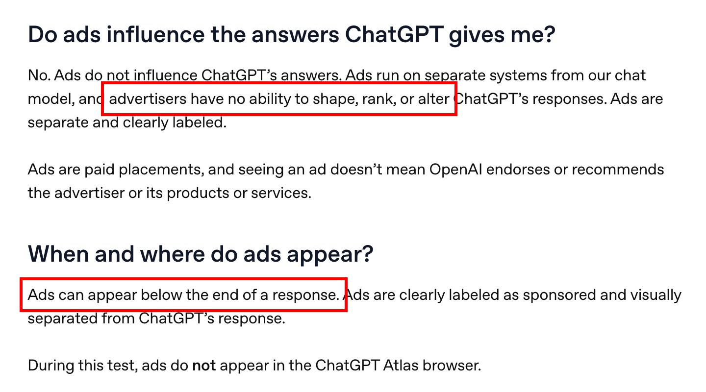 OpenAI 도움말 「Ads in ChatGPT」 화면 — 광고주는 챗GPT 응답을 만들거나 순위를 매기거나 바꿀 수 없다는 문장과, 광고는 응답 끝 아래에 나올 수 있다는 문장에 빨간 네모