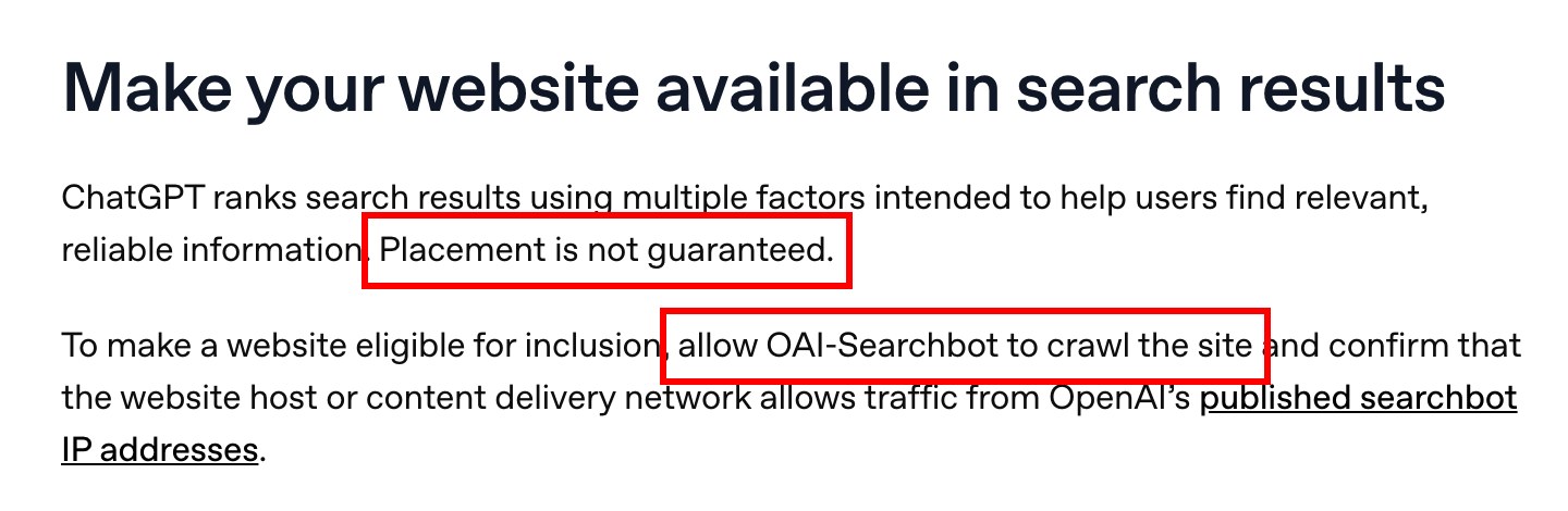 OpenAI 도움말 「Searching the web with ChatGPT」의 「Make your website available in search results」 절 화면 — Placement is not guaranteed 문장과 OAI-Searchbot 크롤링을 허용하라는 문장에 빨간 네모